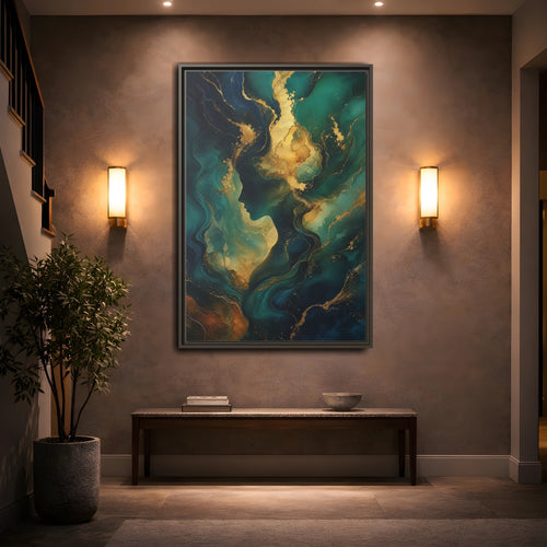 Mockup 2. Abstract Woman Profile Teal Gold Abstract shown as stretched canvas wall art