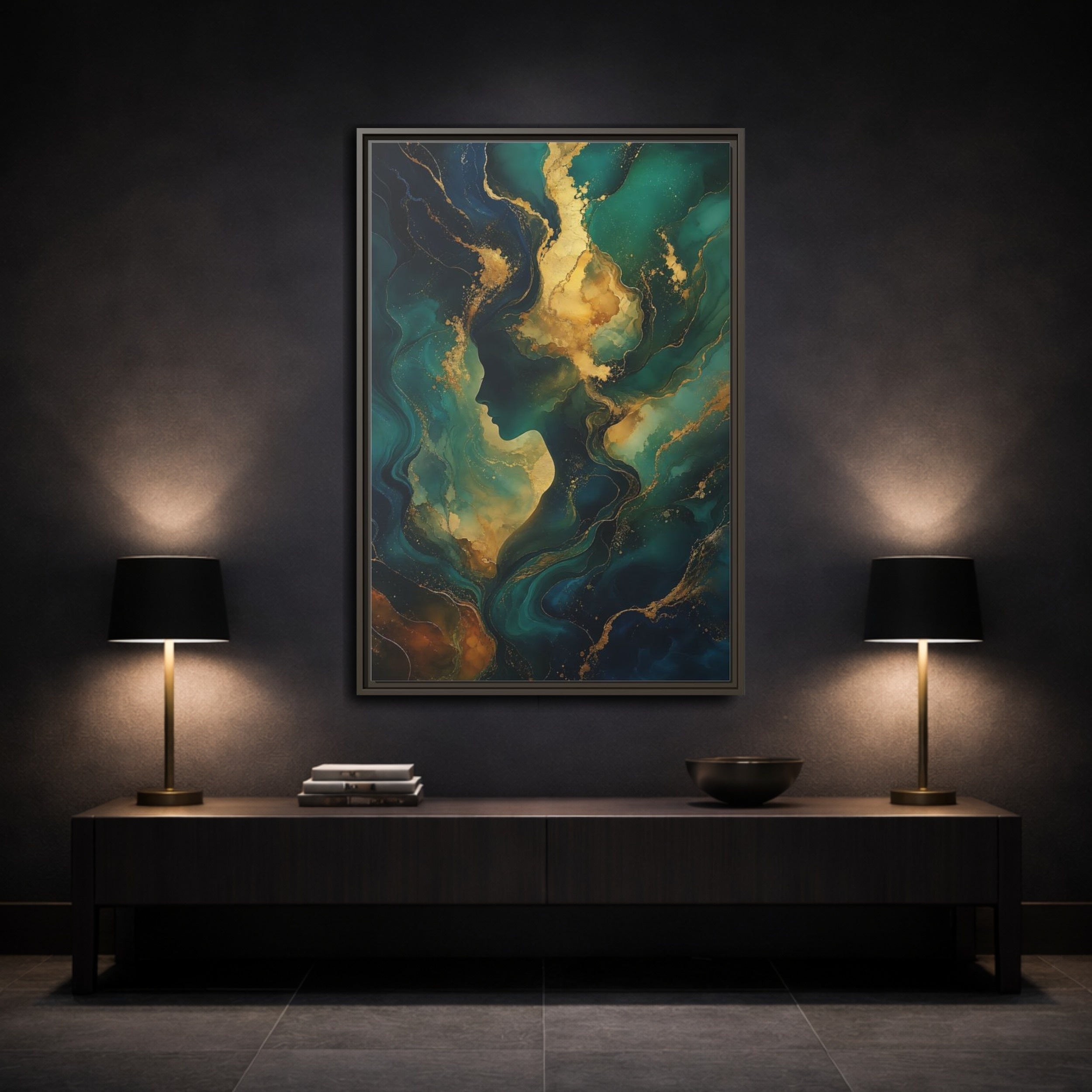 Mockup 3. Abstract Woman Profile Teal Gold Abstract shown as stretched canvas wall art