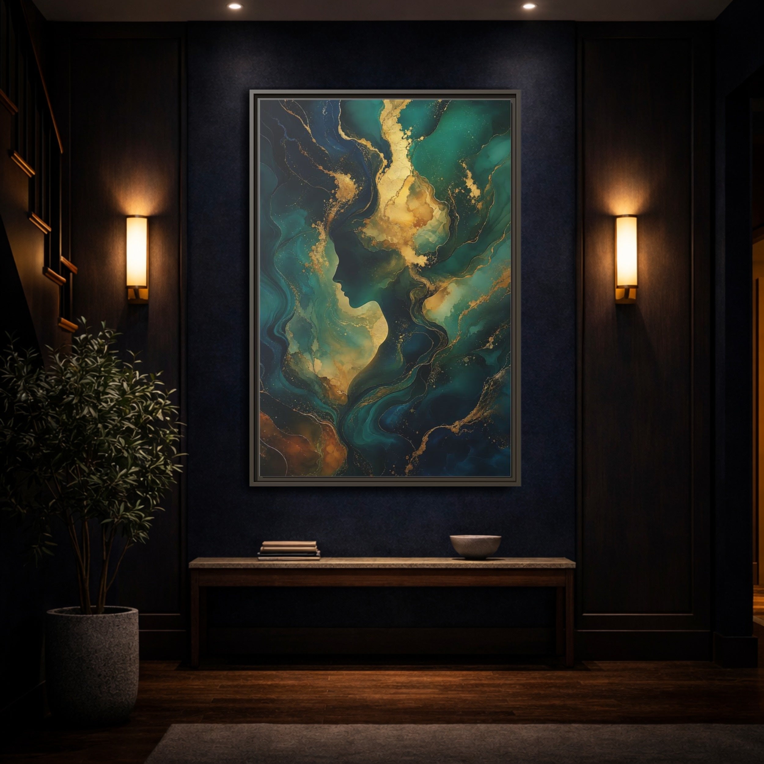Mockup 4. Abstract Woman Profile Teal Gold Abstract shown as stretched canvas wall art
