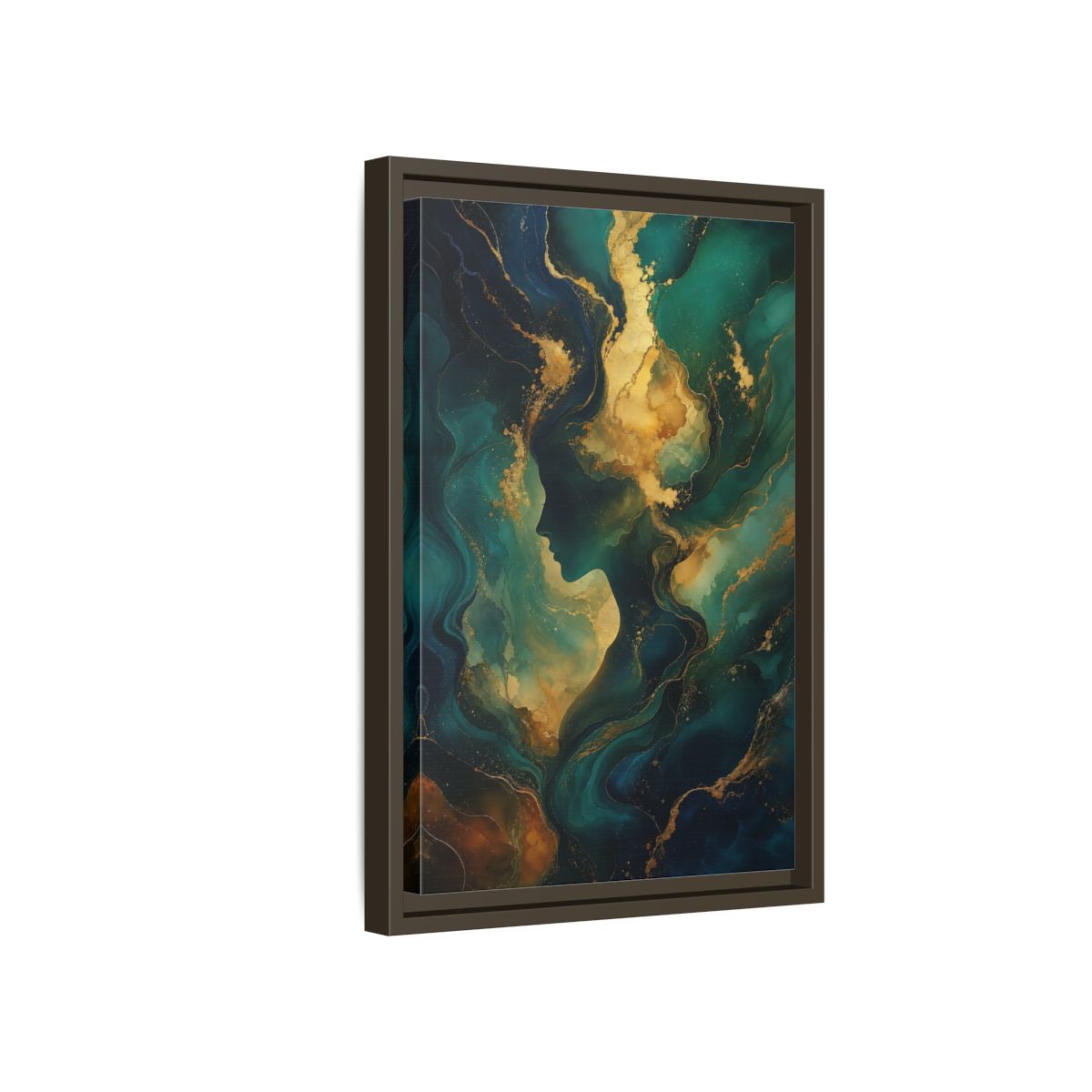 Side Mockup 5. Abstract Woman Profile Teal Gold Abstract shown as stretched canvas wall art