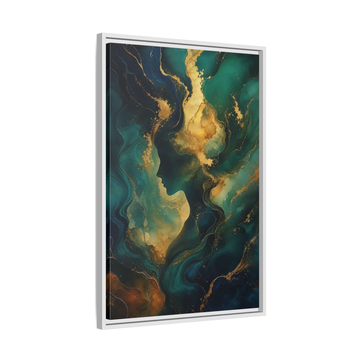 Side Mockup 10. Abstract Woman Profile Teal Gold Abstract shown as stretched canvas wall art