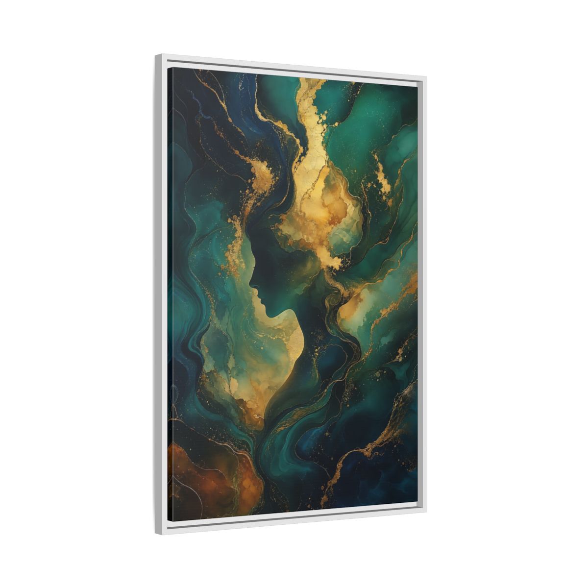 Side Mockup 9. Abstract Woman Profile Teal Gold Abstract shown as stretched canvas wall art
