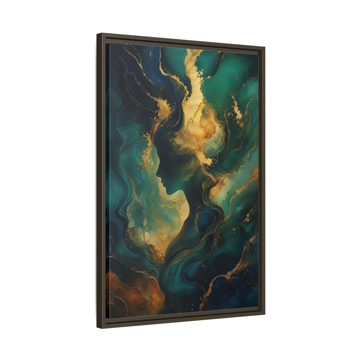 Side Mockup 11. Abstract Woman Profile Teal Gold Abstract shown as stretched canvas wall art