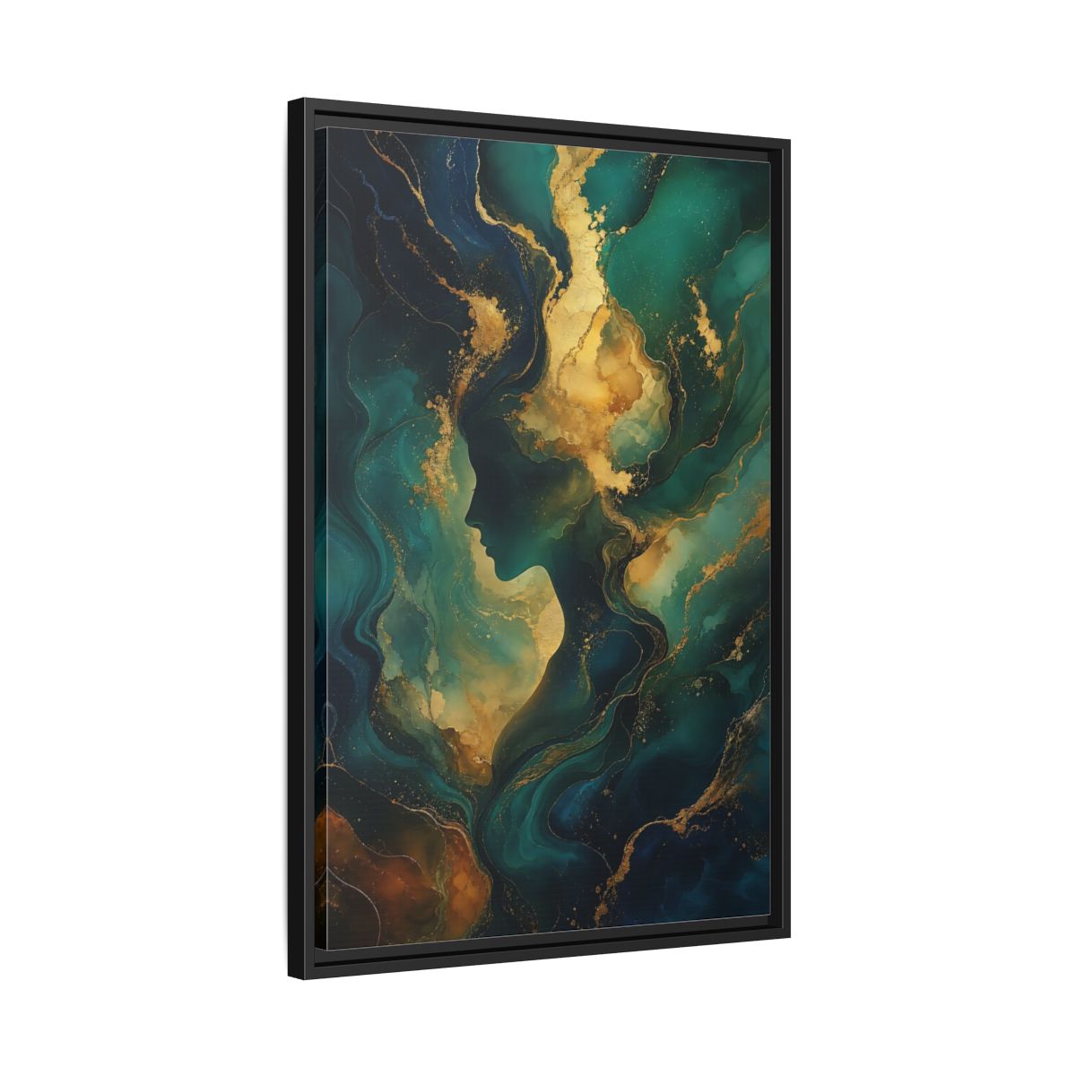 Side Mockup 14. Abstract Woman Profile Teal Gold Abstract shown as stretched canvas wall art