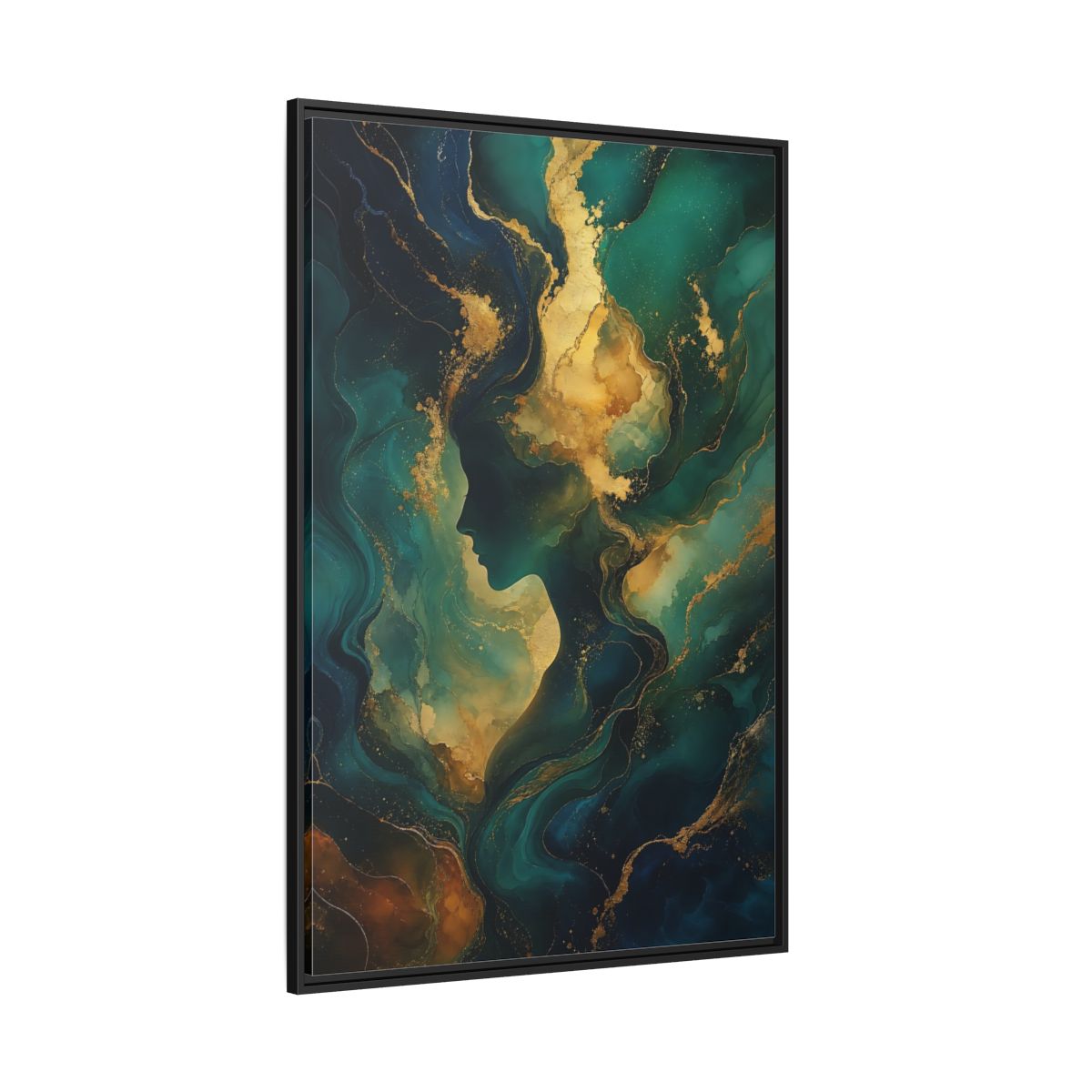 Side Mockup 12. Abstract Woman Profile Teal Gold Abstract shown as stretched canvas wall art
