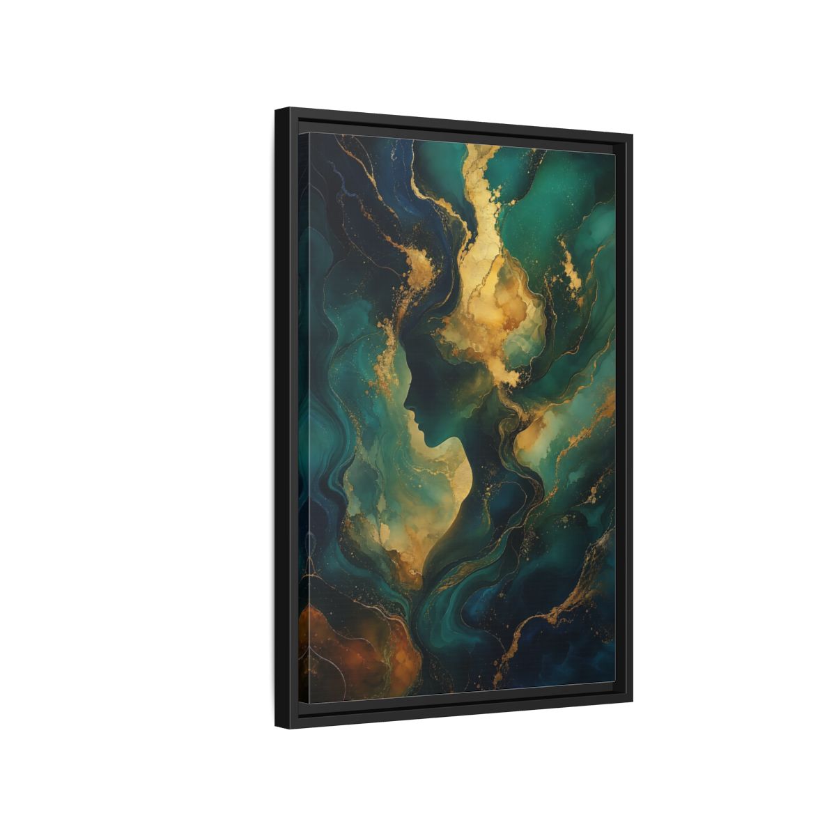 Side Mockup 3. Abstract Woman Profile Teal Gold Abstract shown as stretched canvas wall art