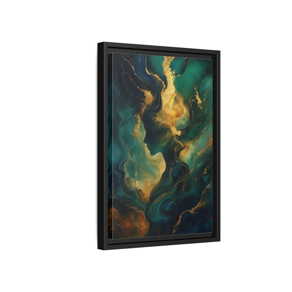 Side Mockup 6. Abstract Woman Profile Teal Gold Abstract shown as stretched canvas wall art