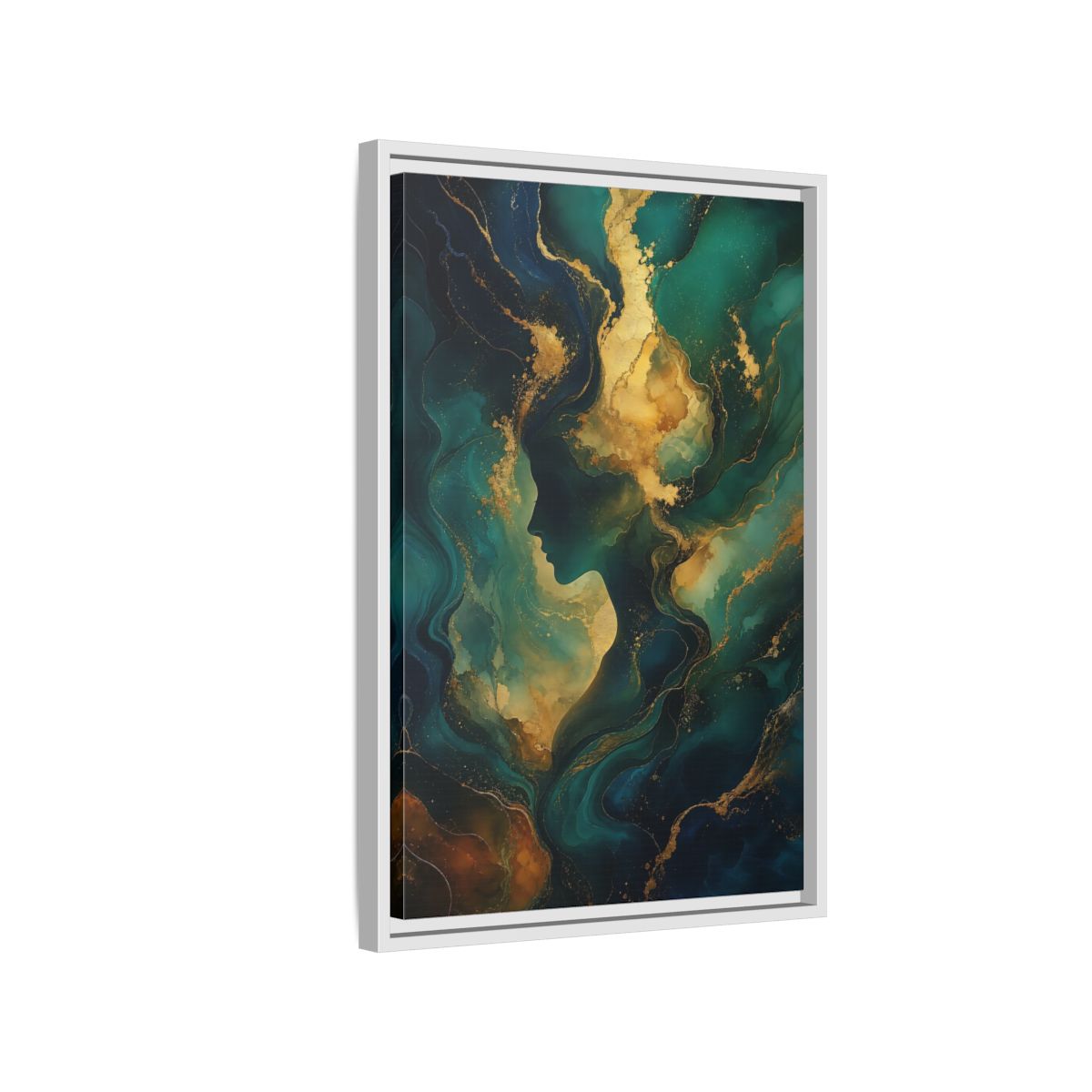 Side Mockup 1. Abstract Woman Profile Teal Gold Abstract shown as stretched canvas wall art
