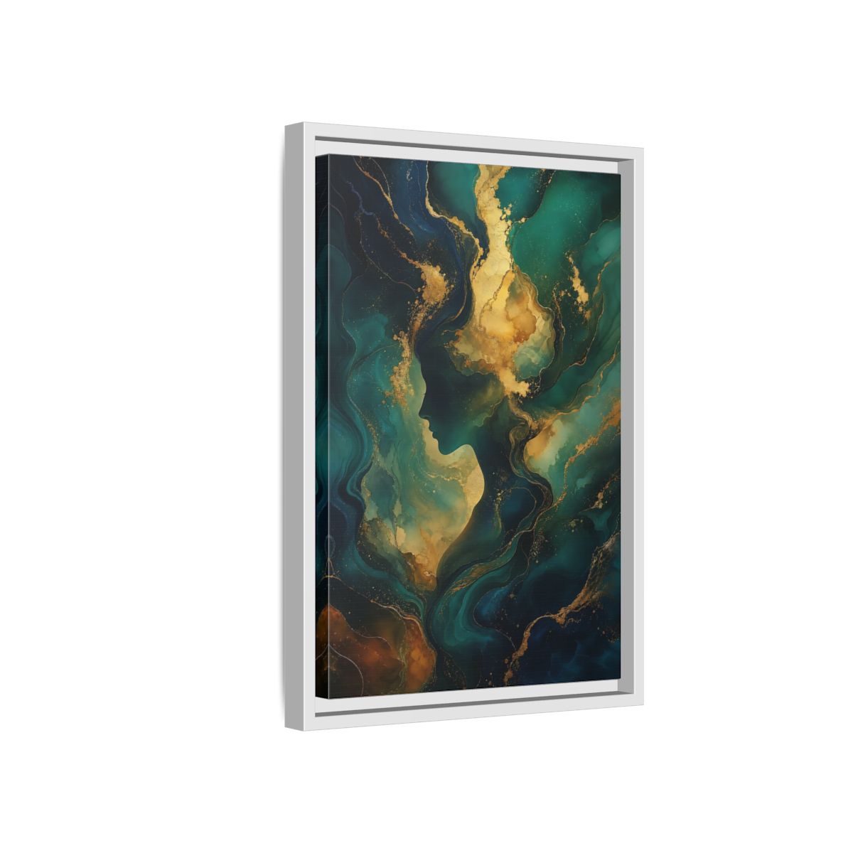 Side Mockup 4. Abstract Woman Profile Teal Gold Abstract shown as stretched canvas wall art