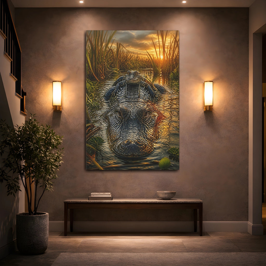 Mockup 2. Animals Alligators Alligator Sunset shown as stretched canvas wall art