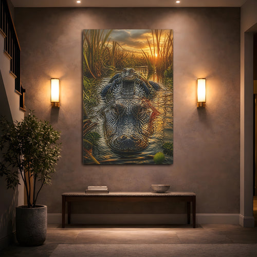 Mockup 2. Animals Alligators Alligator Sunset shown as stretched canvas wall art