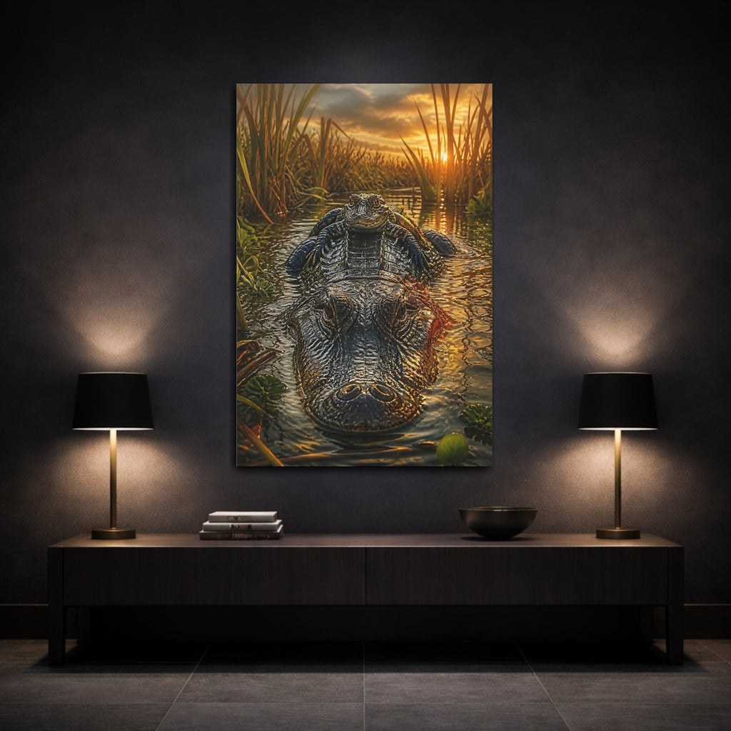 Mockup 3. Animals Alligators Alligator Sunset shown as stretched canvas wall art
