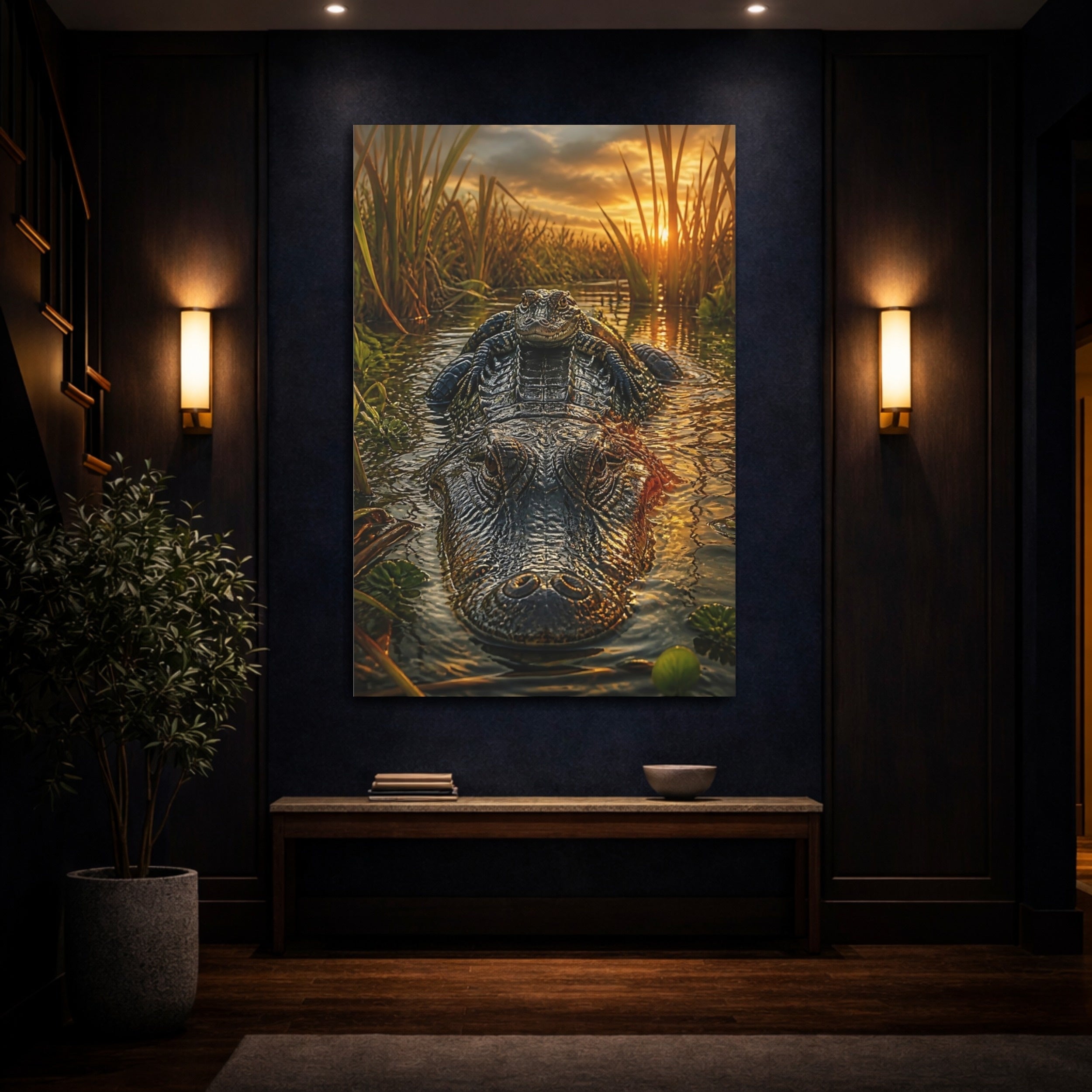 Mockup 4. Animals Alligators Alligator Sunset shown as stretched canvas wall art