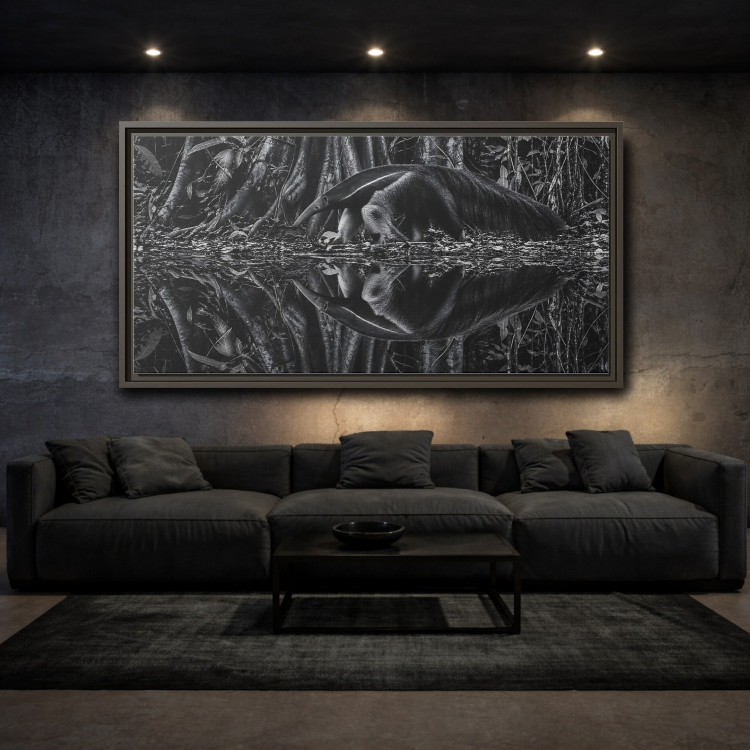 Mockup 3. Animals Anteater Black And White shown as stretched canvas wall art