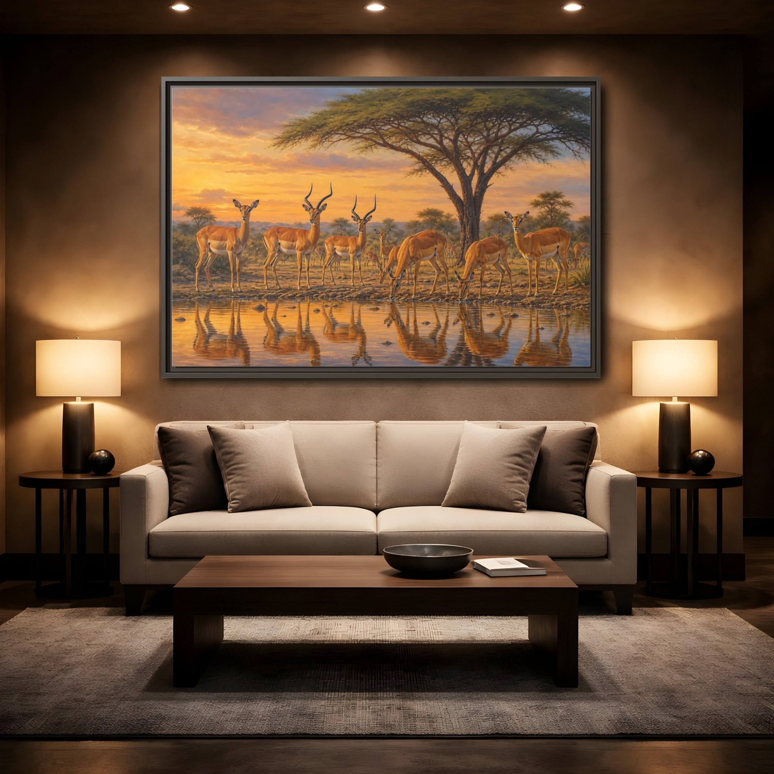 Mockup 2. Animals Antelopes Antelopes Sunset shown as stretched canvas wall art
