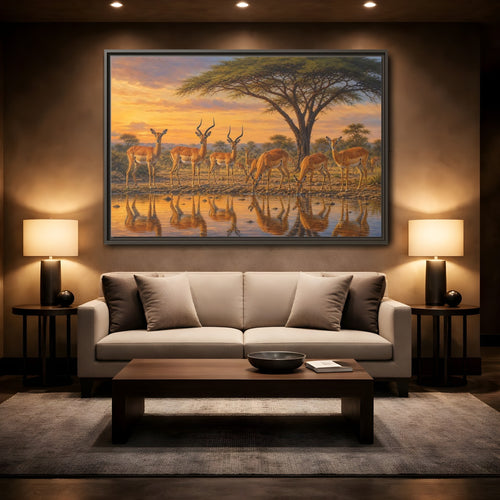 Mockup 2. Animals Antelopes Antelopes Sunset shown as stretched canvas wall art