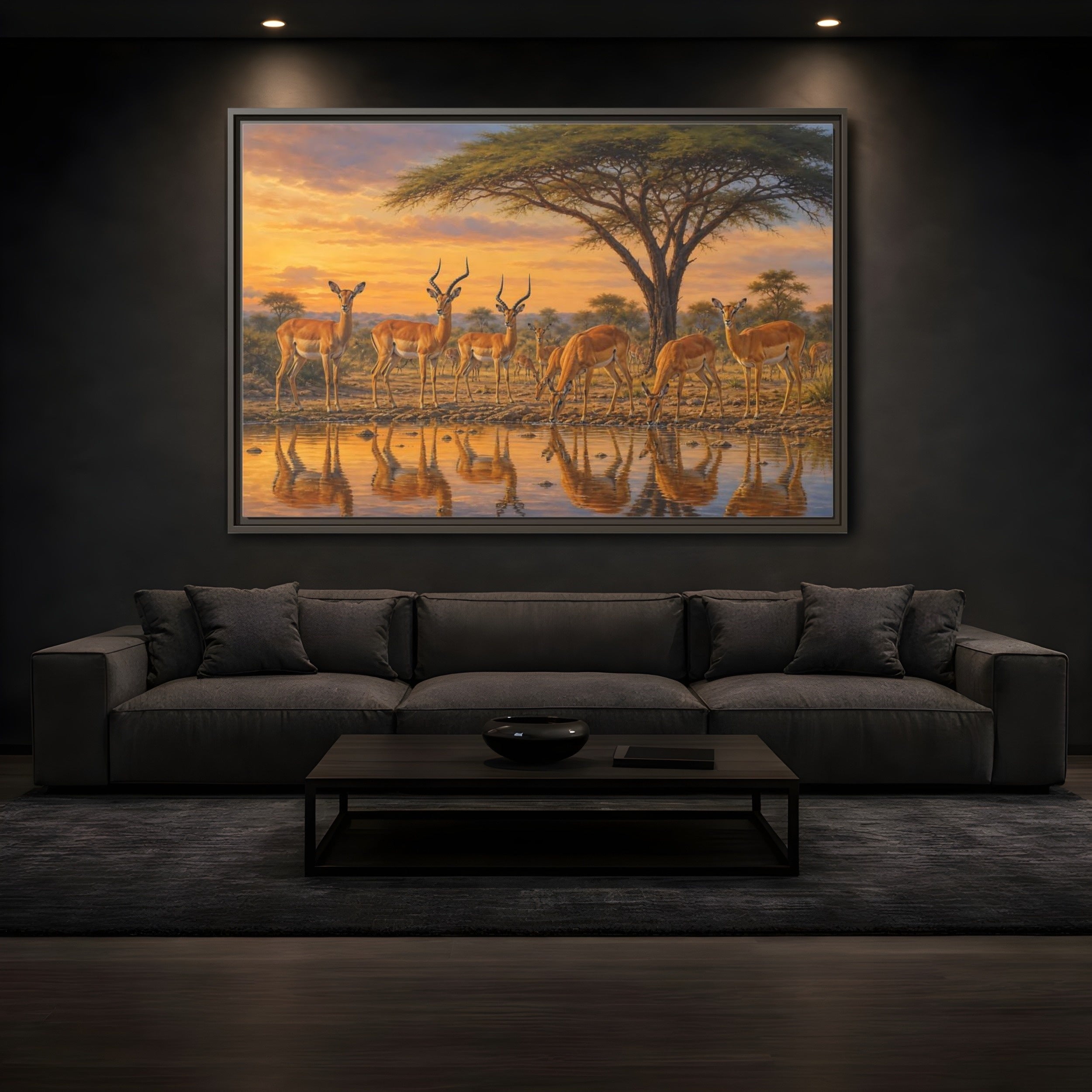 Mockup 3. Animals Antelopes Antelopes Sunset shown as stretched canvas wall art