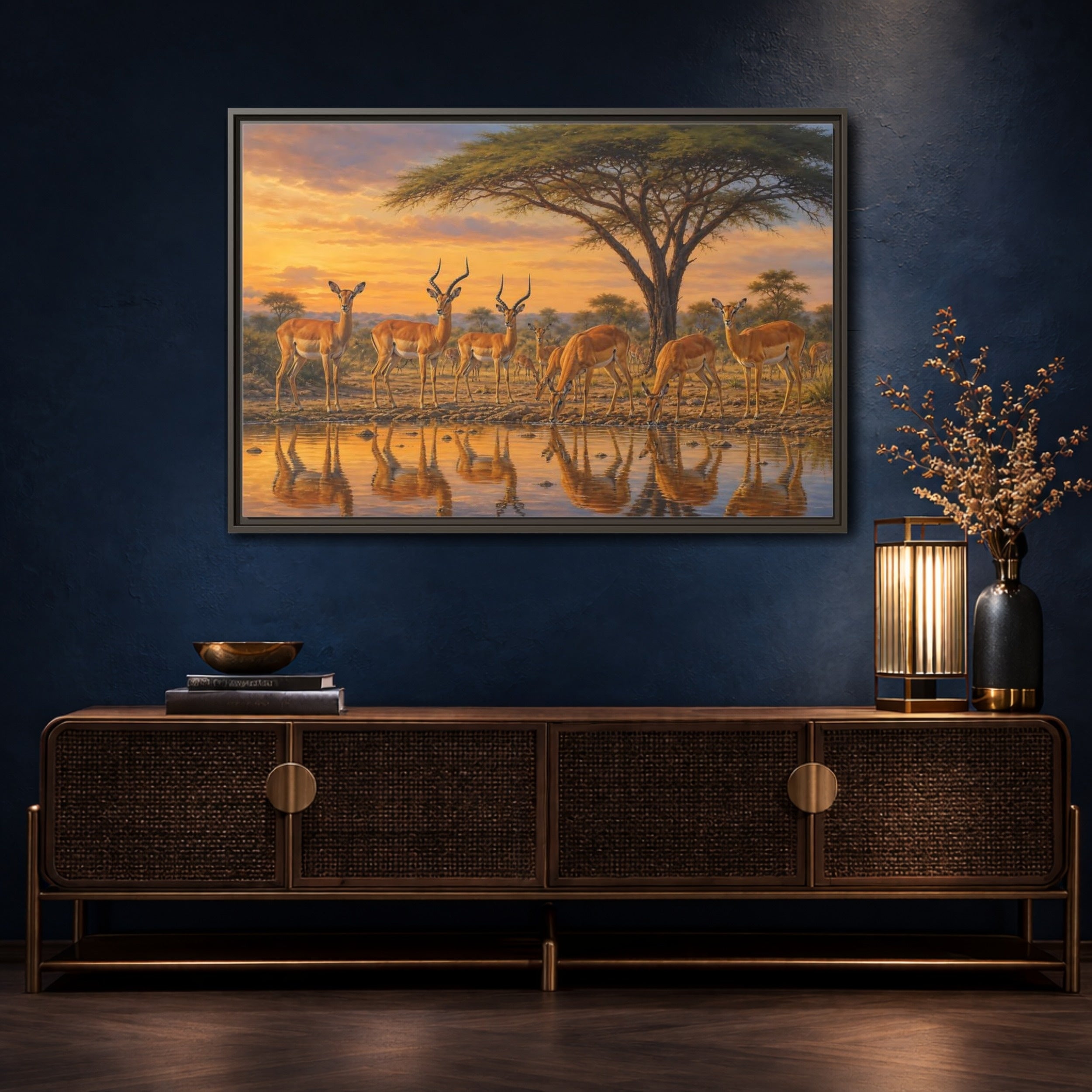 Mockup 4. Animals Antelopes Antelopes Sunset shown as stretched canvas wall art
