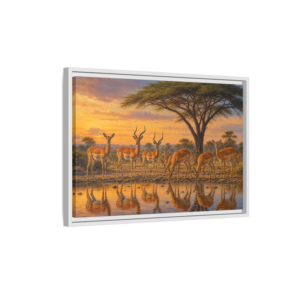 Side Mockup 1. Animals Antelopes Antelopes Sunset shown as stretched canvas wall art