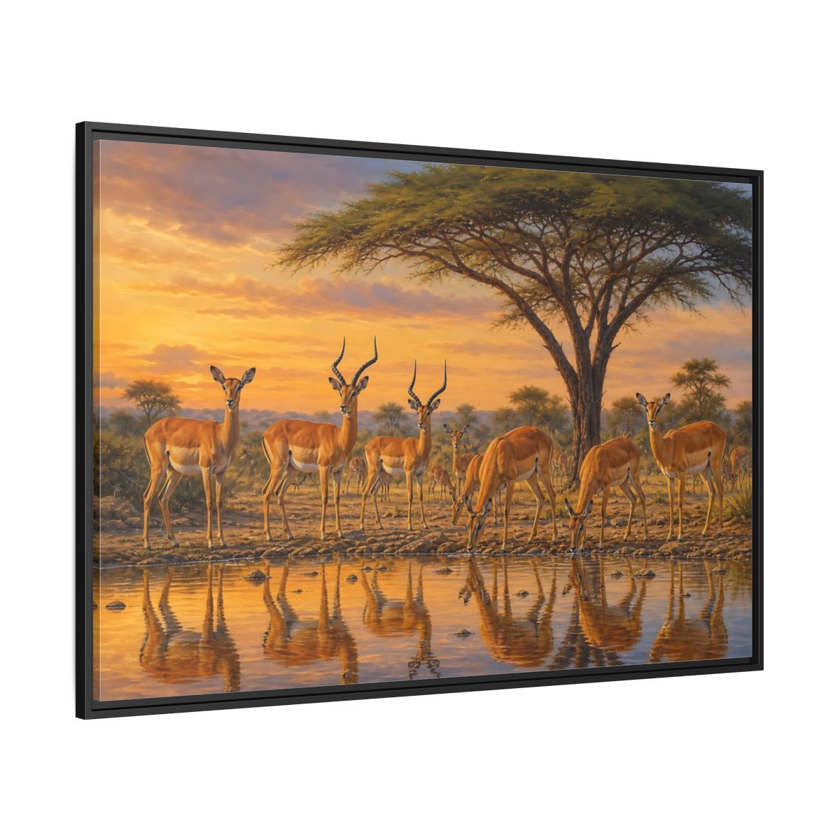 Side Mockup 12. Animals Antelopes Antelopes Sunset shown as stretched canvas wall art