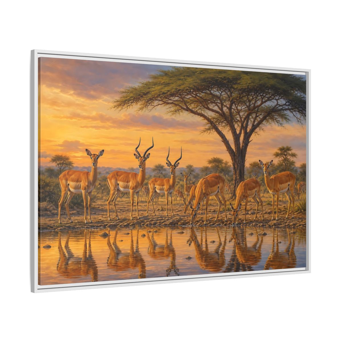 Side Mockup 7. Animals Antelopes Antelopes Sunset shown as stretched canvas wall art