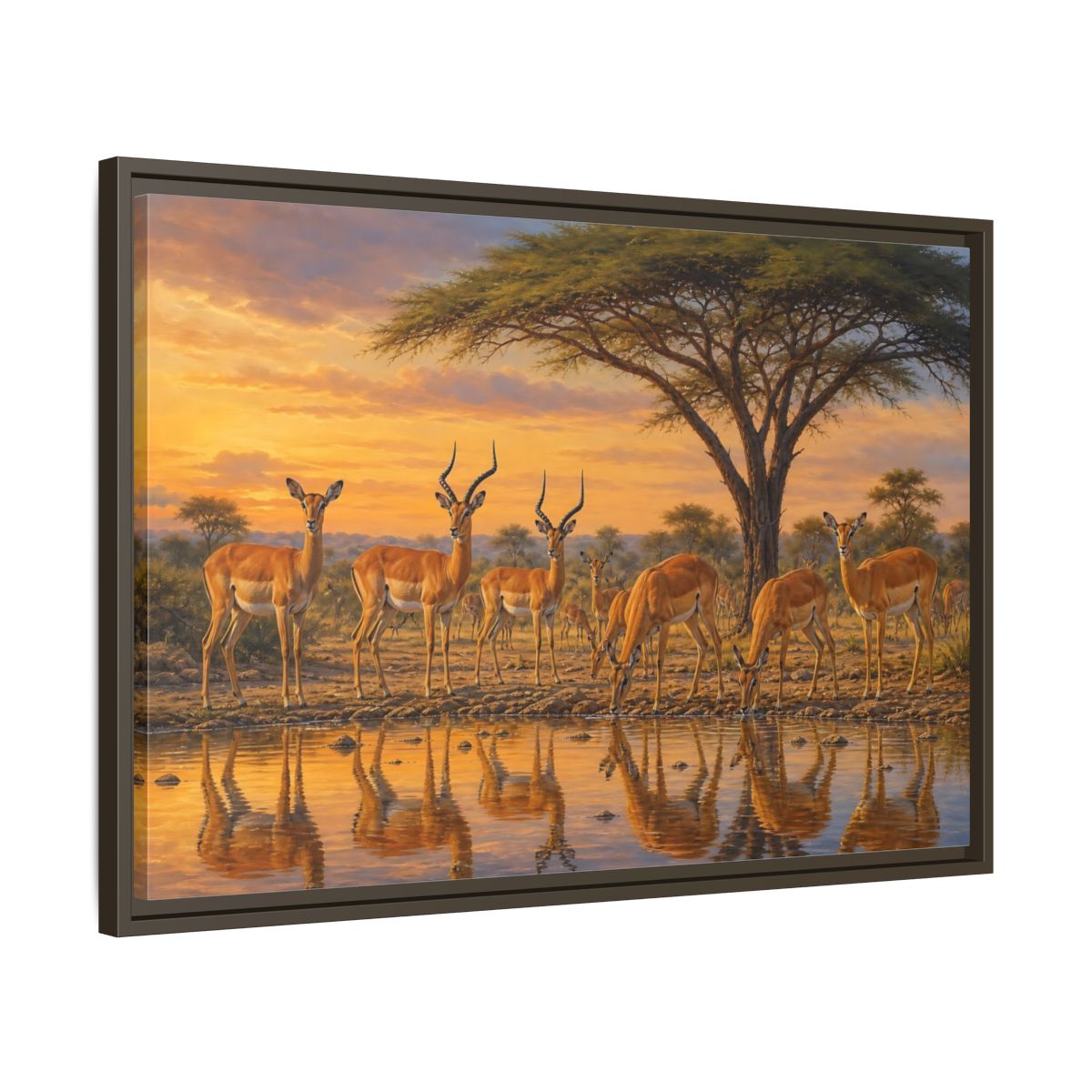 Side Mockup 11. Animals Antelopes Antelopes Sunset shown as stretched canvas wall art