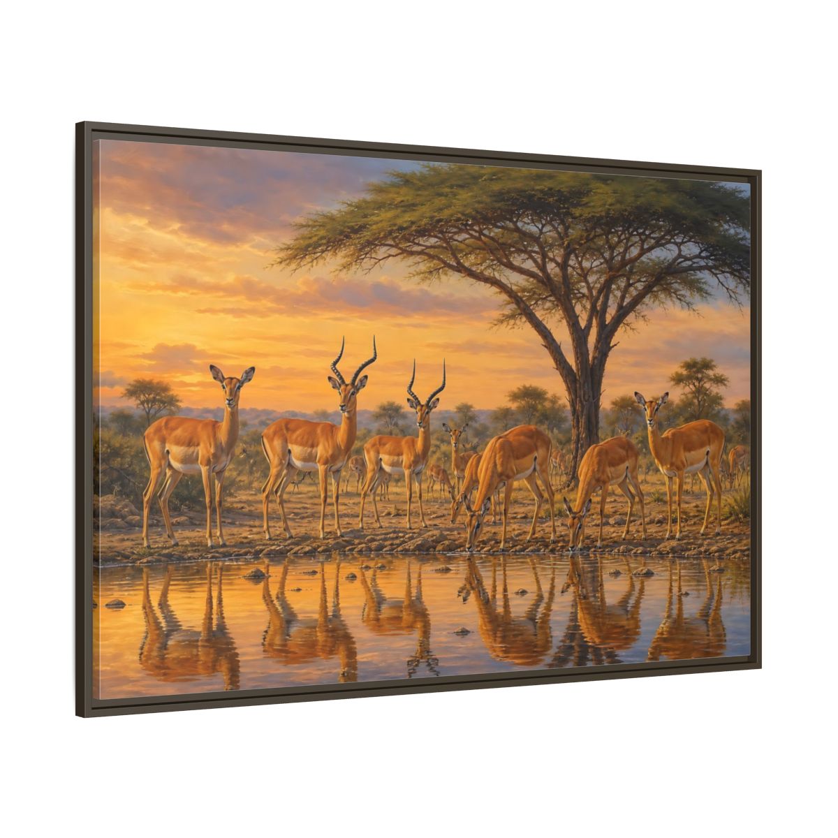 Side Mockup 8. Animals Antelopes Antelopes Sunset shown as stretched canvas wall art