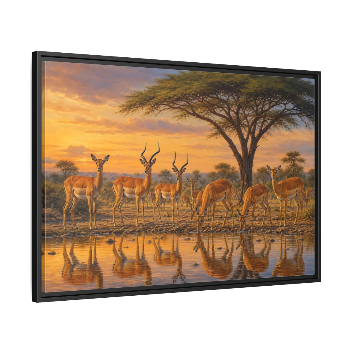 Side Mockup 13. Animals Antelopes Antelopes Sunset shown as stretched canvas wall art