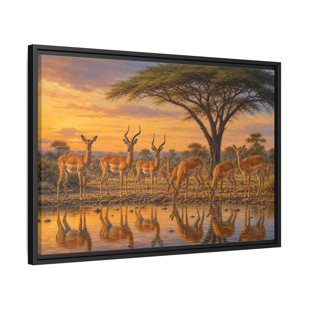 Side Mockup 14. Animals Antelopes Antelopes Sunset shown as stretched canvas wall art
