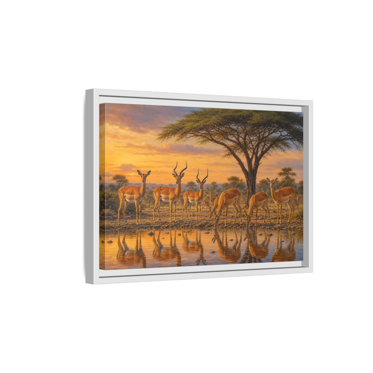Side Mockup 4. Animals Antelopes Antelopes Sunset shown as stretched canvas wall art