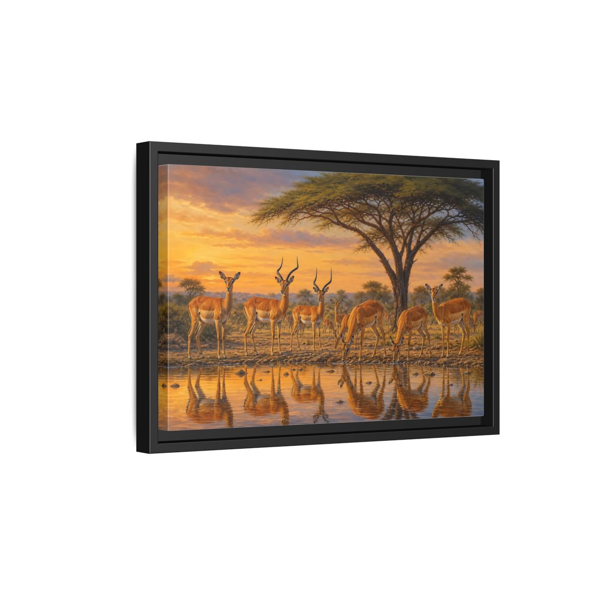 Side Mockup 6. Animals Antelopes Antelopes Sunset shown as stretched canvas wall art