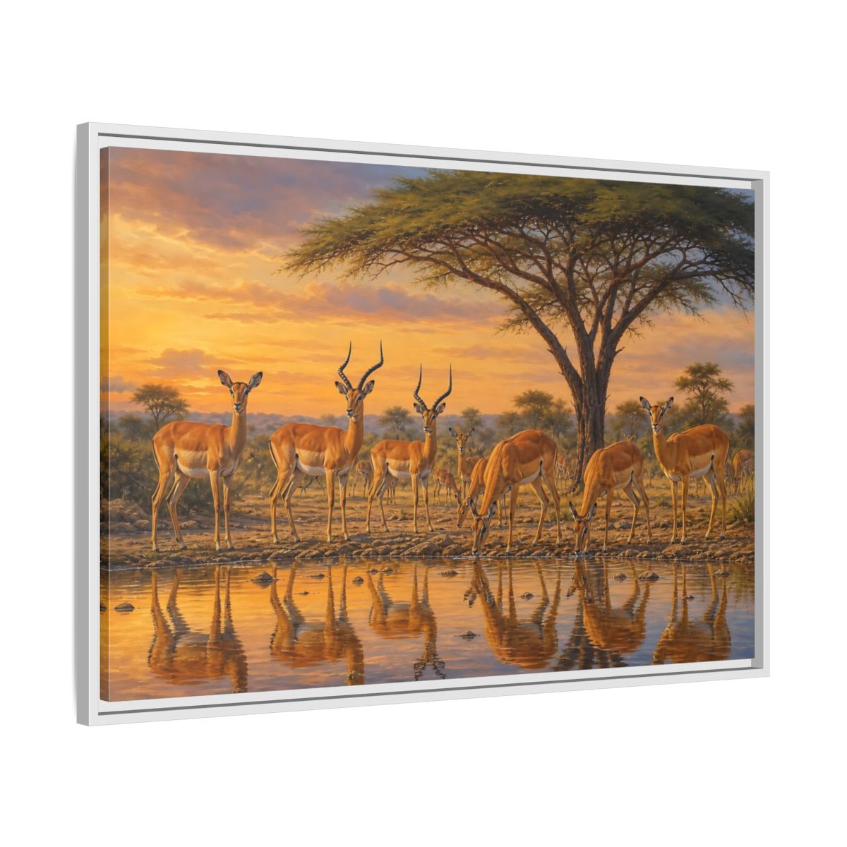Side Mockup 9. Animals Antelopes Antelopes Sunset shown as stretched canvas wall art