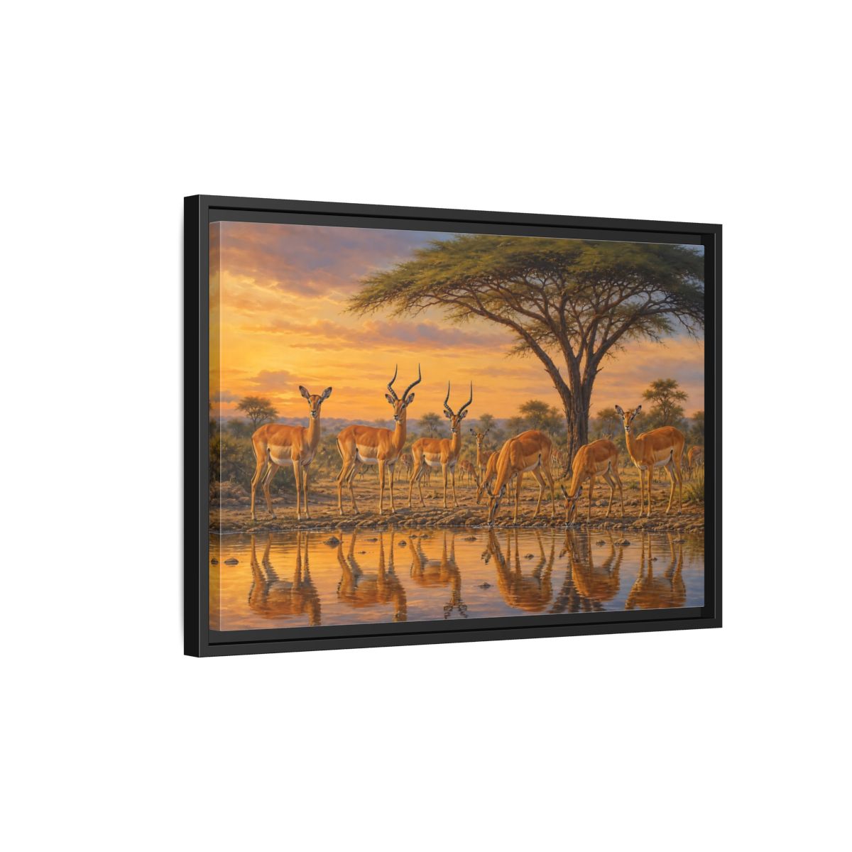 Side Mockup 3. Animals Antelopes Antelopes Sunset shown as stretched canvas wall art