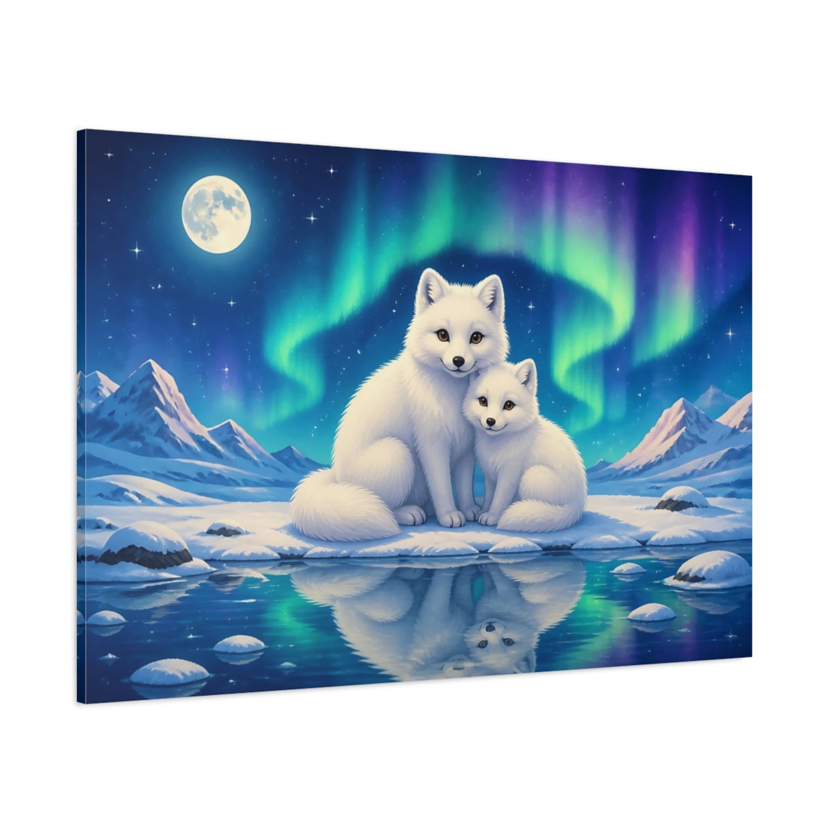 Side Mockup 1. Animals Arctic Foxes Arctic Fox Aurora shown as canvas print