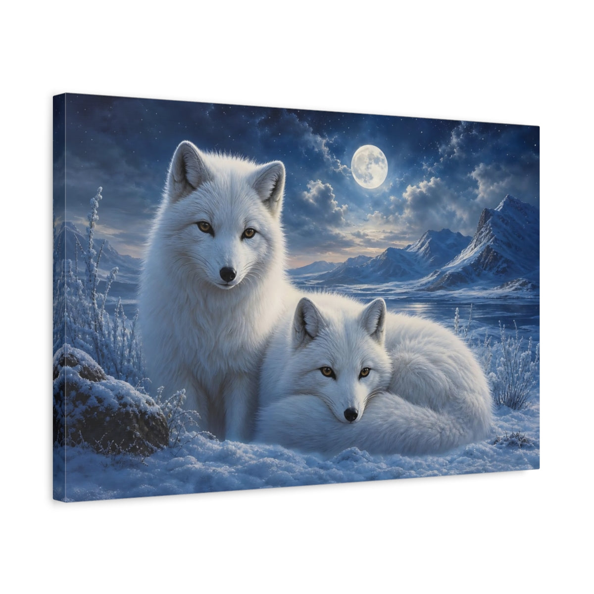 Side Mockup 3. Animals Arctic Foxes White And Blue shown as canvas print
