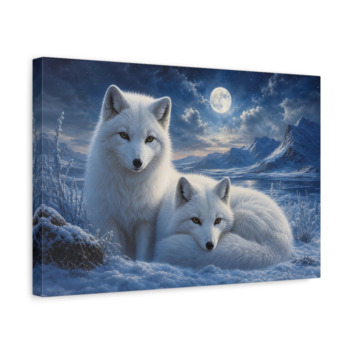Side Mockup 4. Animals Arctic Foxes White And Blue shown as canvas print