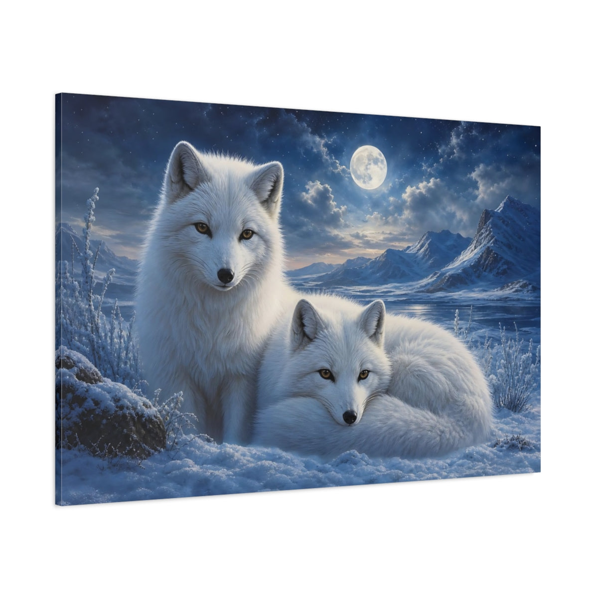Side Mockup 1. Animals Arctic Foxes White And Blue shown as canvas print
