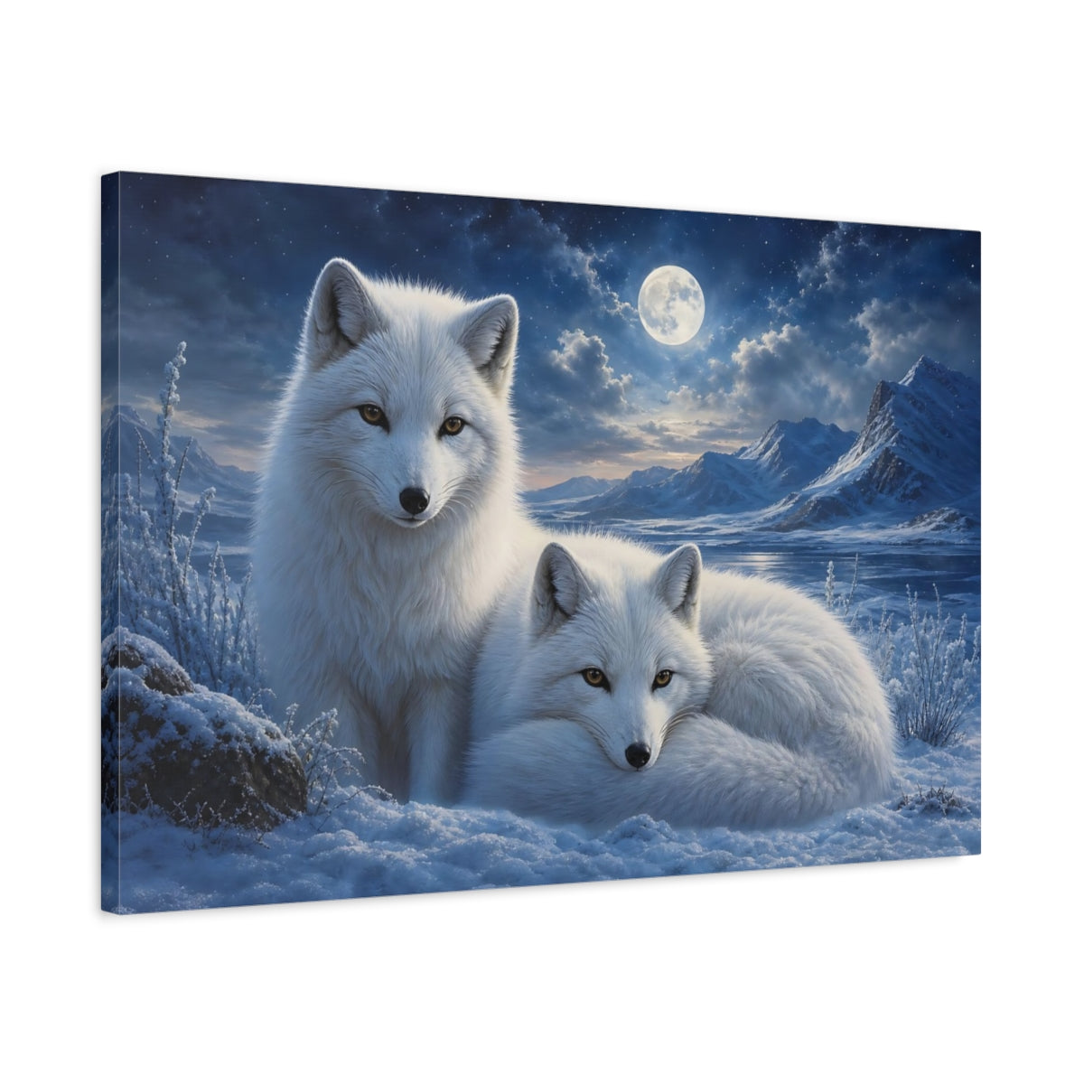Side Mockup 2. Animals Arctic Foxes White And Blue shown as canvas print