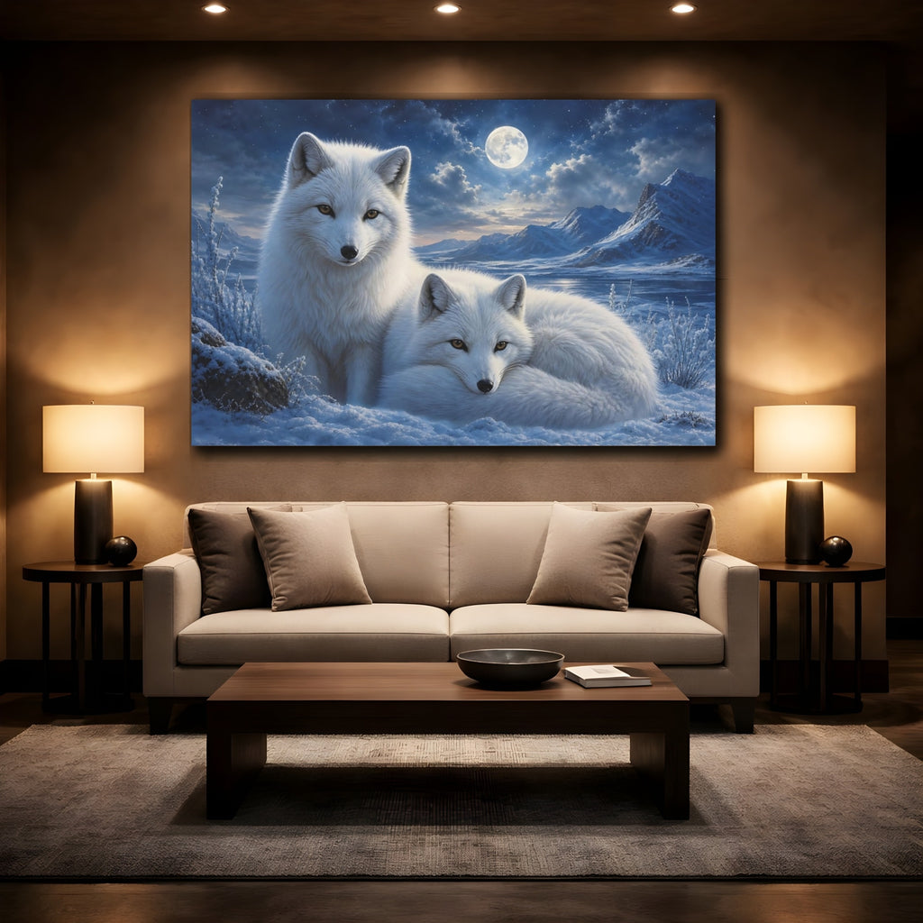 Mockup 2. Animals Arctic Foxes White And Blue shown as canvas print
