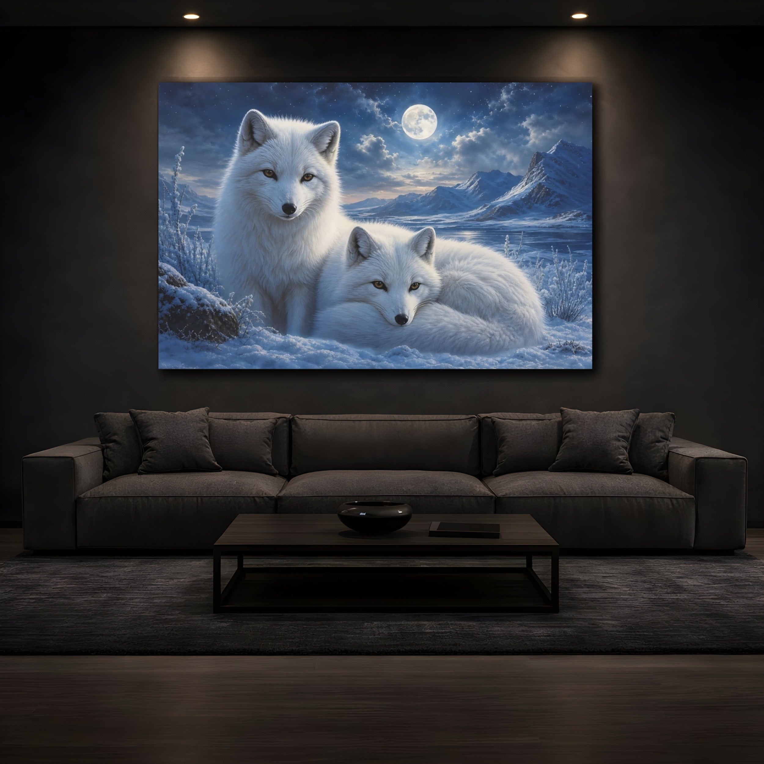 Mockup 3. Animals Arctic Foxes White And Blue shown as canvas print