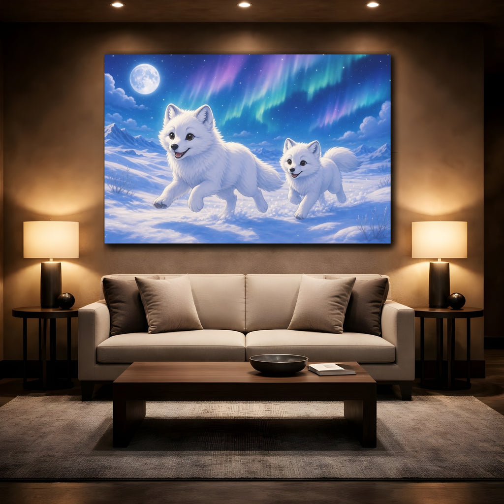 Mockup 2. Animals Arctic Foxes White Arctic Foxes shown as stretched canvas wall art