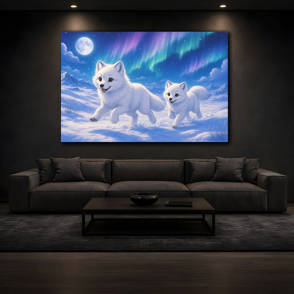 Mockup 3. Animals Arctic Foxes White Arctic Foxes shown as stretched canvas wall art