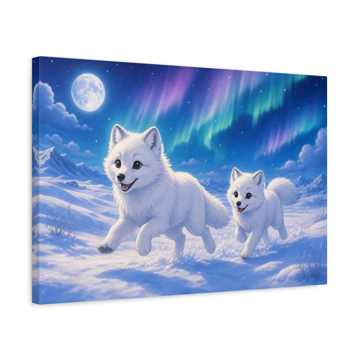 Side Mockup 3. Animals Arctic Foxes White Arctic Foxes shown as stretched canvas wall art