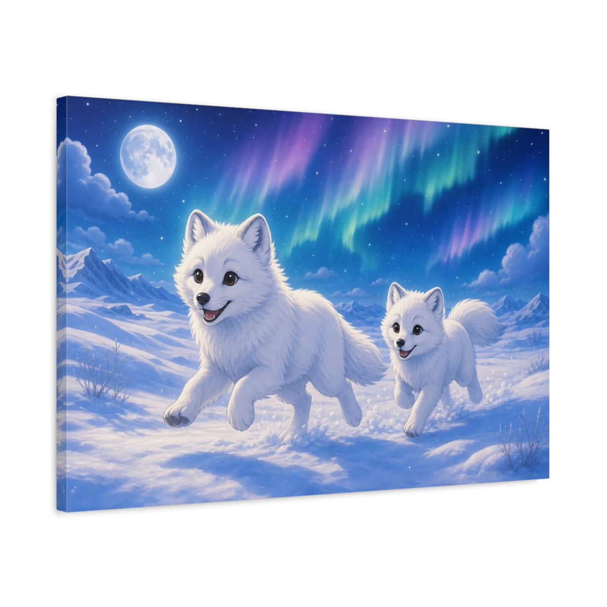 Side Mockup 2. Animals Arctic Foxes White Arctic Foxes shown as stretched canvas wall art