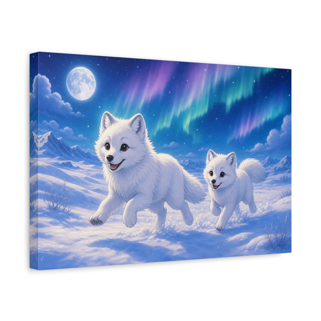 Side Mockup 4. Animals Arctic Foxes White Arctic Foxes shown as stretched canvas wall art
