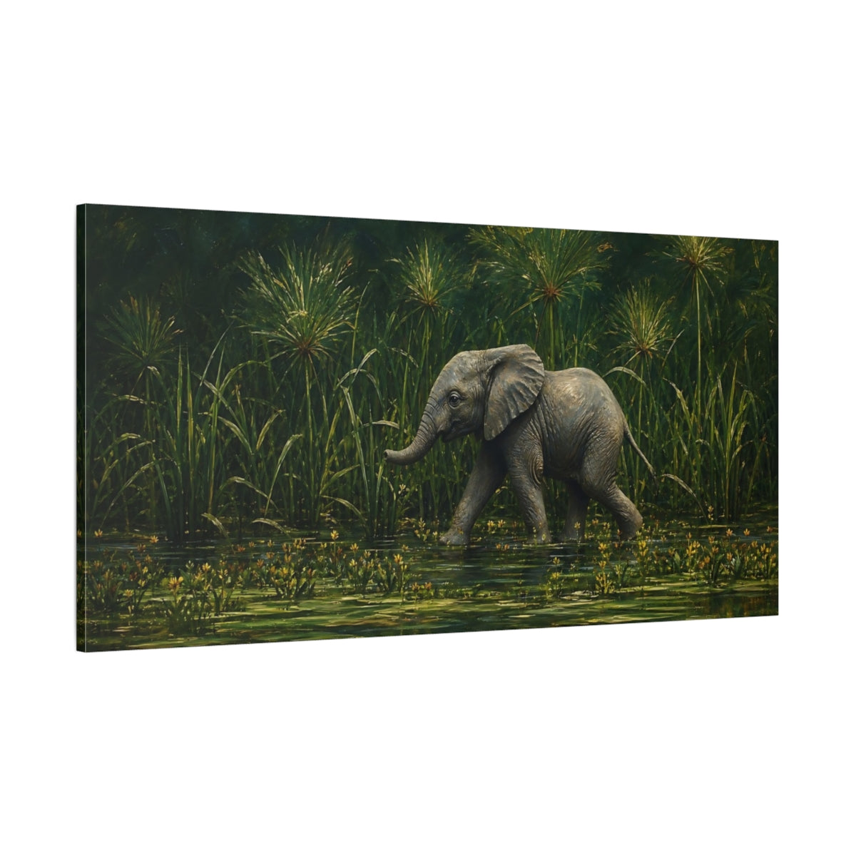 Side Mockup 2. Animals Baby Elephant Elephant And Green shown as stretched canvas wall art