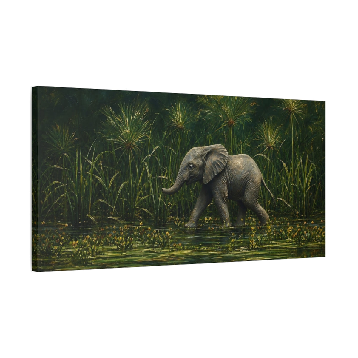 Side Mockup 1. Animals Baby Elephant Elephant And Green shown as stretched canvas wall art