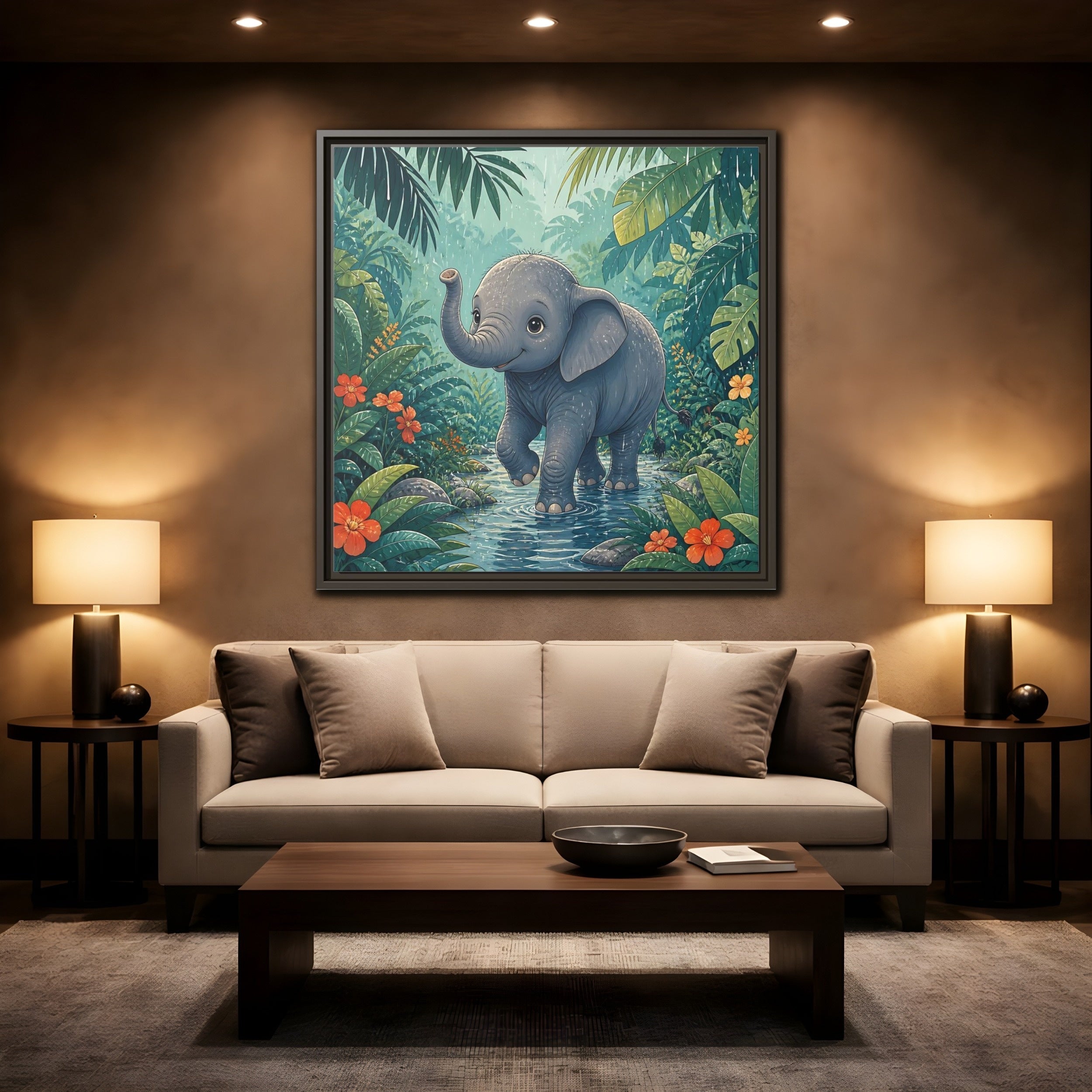 Mockup 2. Animals Baby Elephant Baby Elephant Jungle shown as stretched canvas wall art