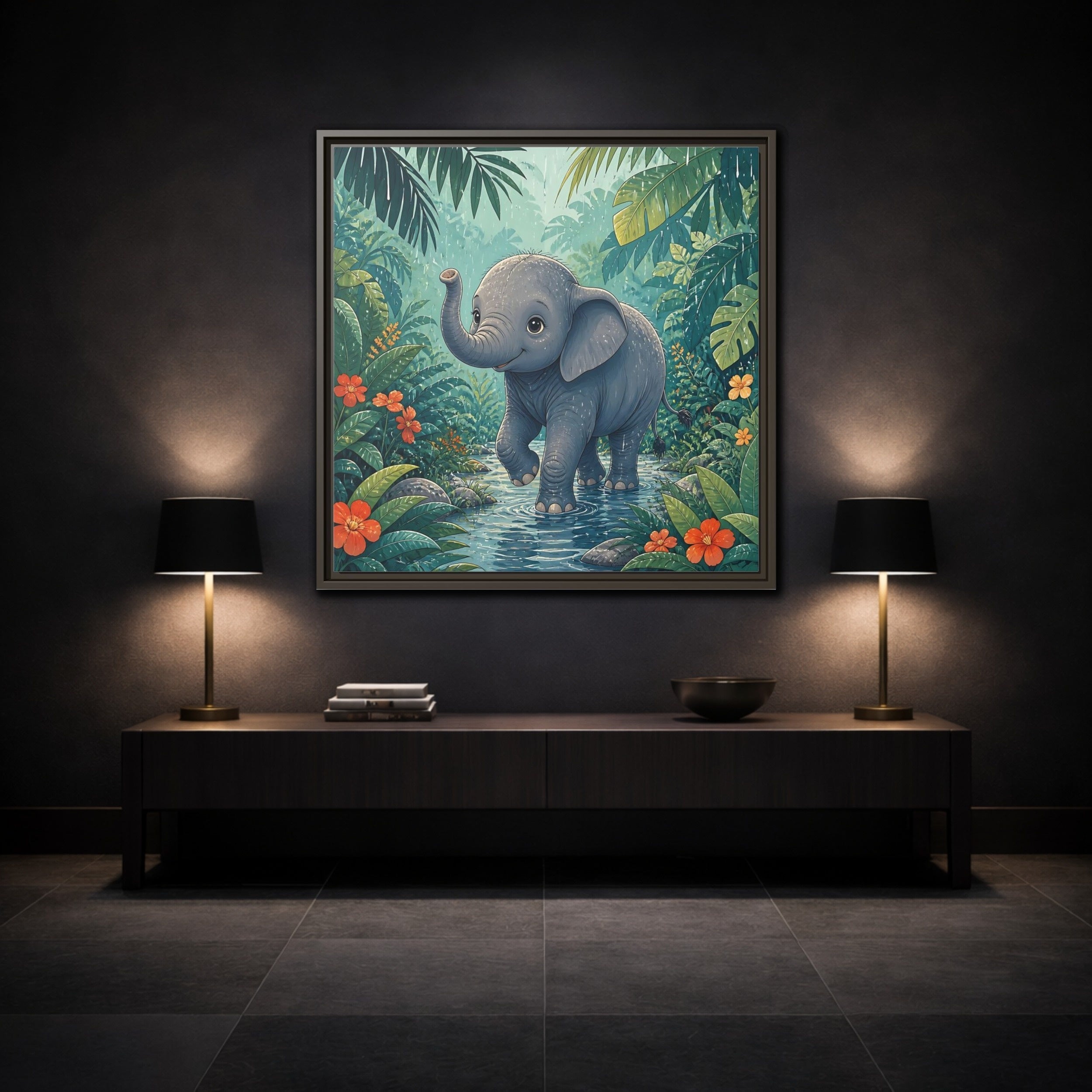 Mockup 3. Animals Baby Elephant Baby Elephant Jungle shown as stretched canvas wall art