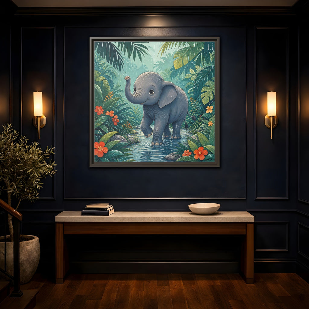 Mockup 4. Animals Baby Elephant Baby Elephant Jungle shown as stretched canvas wall art